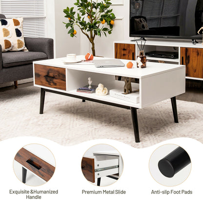 Rustic Wood Coffee Table with Storage Drawer and Open Display Shelf