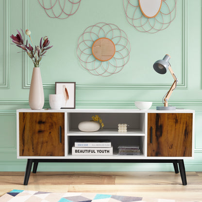 Retro-Inspired Wood TV Console with Dual Cabinets and Open Shelving for 55 Inch Screens