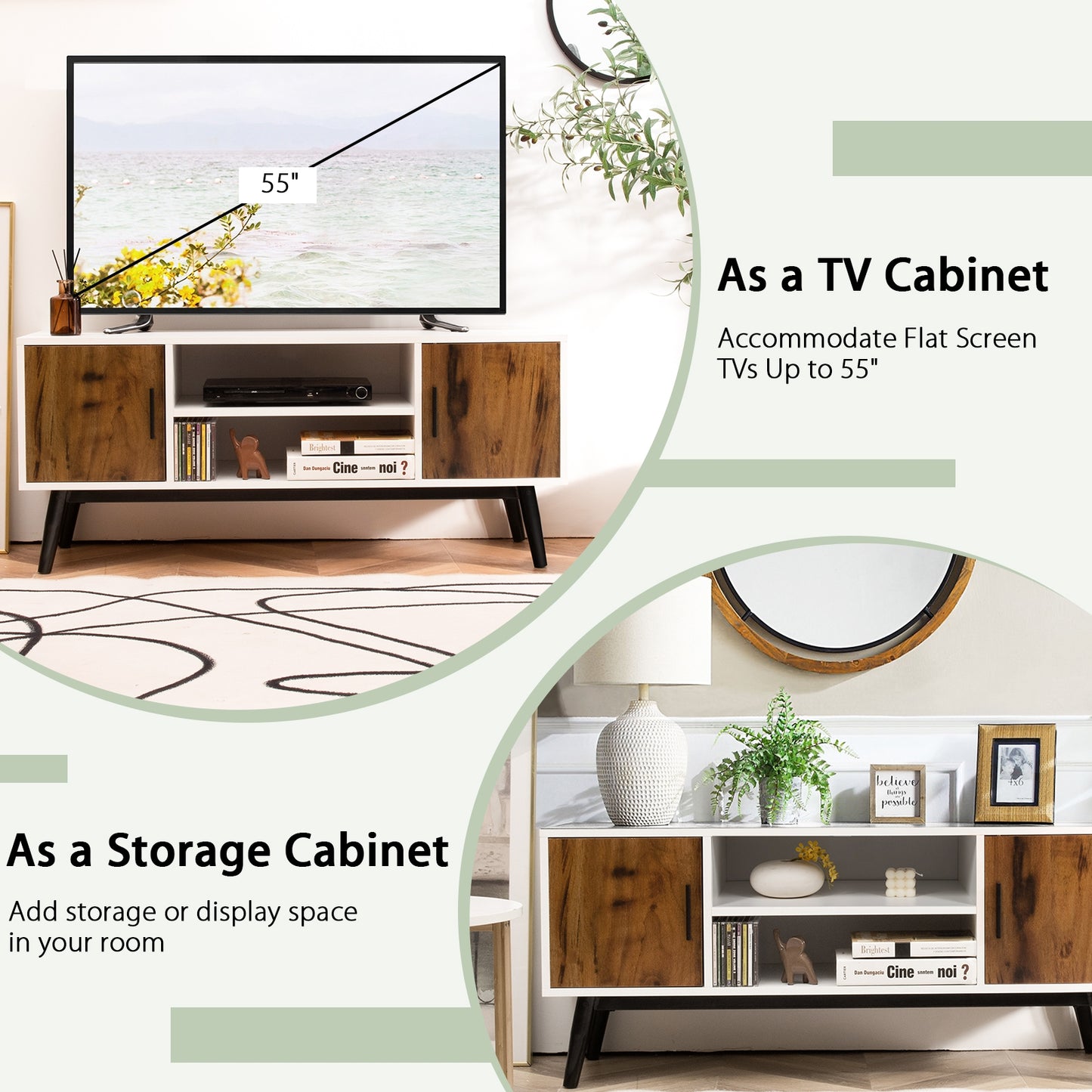 Retro-Inspired Wood TV Console with Dual Cabinets and Open Shelving for 55 Inch Screens