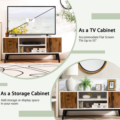 Retro-Inspired Wood TV Console with Dual Cabinets and Open Shelving for 55 Inch Screens