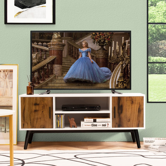 Retro-Inspired Wood TV Console with Dual Cabinets and Open Shelving for 55 Inch Screens