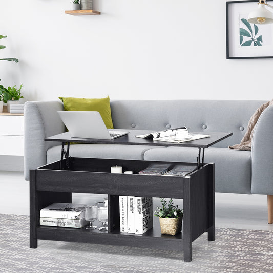 Adjustable Lift Top Coffee Table with Hidden Storage and Lower Shelves in Black