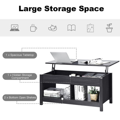 Adjustable Lift Top Coffee Table with Hidden Storage and Lower Shelves in Black