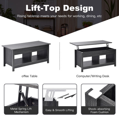 Adjustable Lift Top Coffee Table with Hidden Storage and Lower Shelves in Black