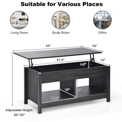 Adjustable Lift Top Coffee Table with Hidden Storage and Lower Shelves in Black