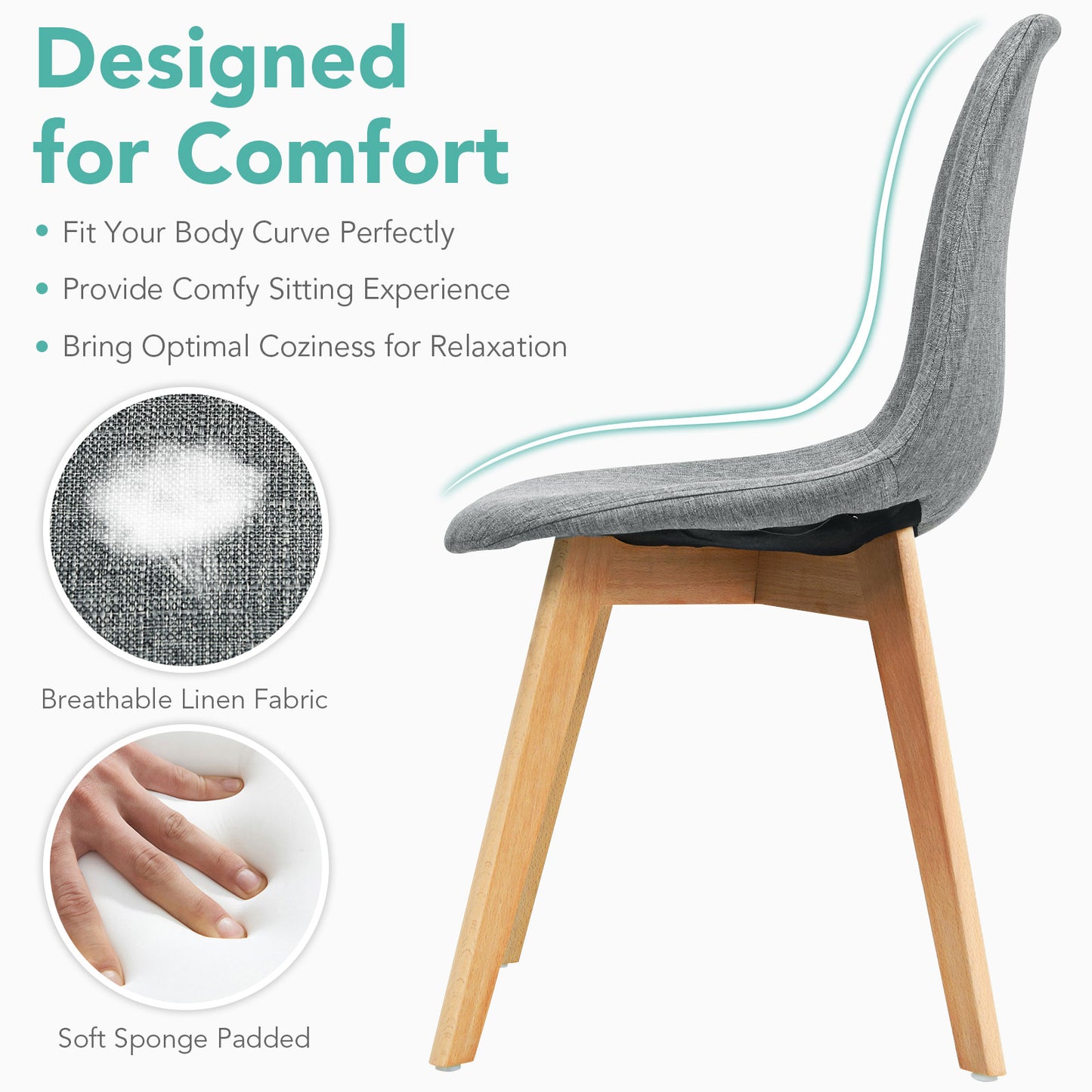 Modern Dining Chairs with Fabric Cushions and Wooden Legs, Set of 4