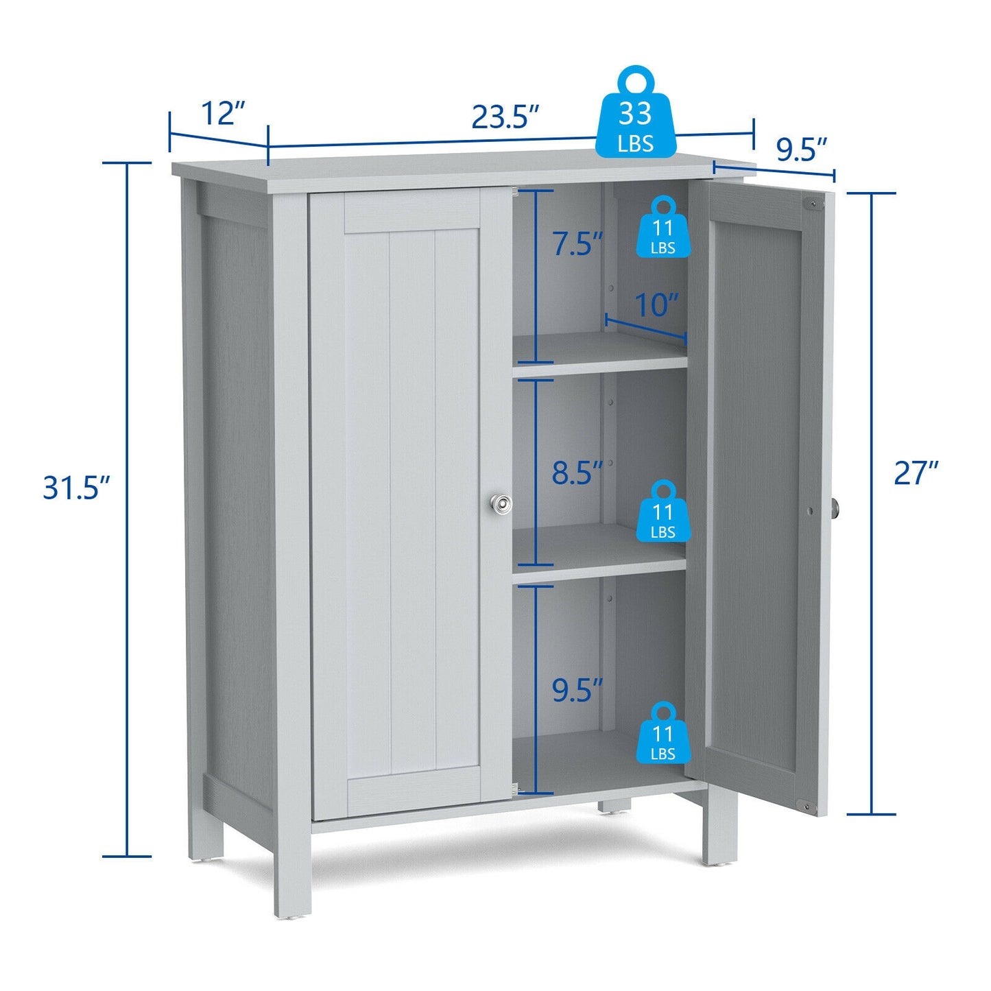 3 Tier 2-Door Bathroom Storage Cabinet Space Saver