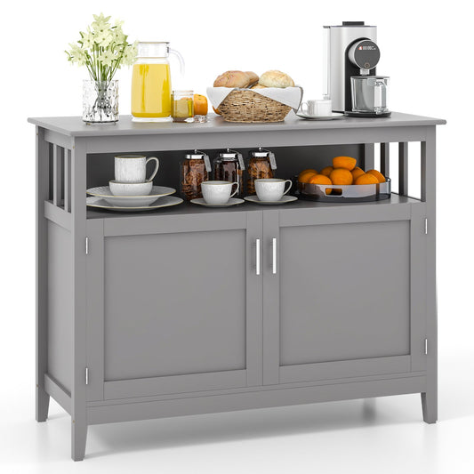 Modern Wooden Kitchen Storage Cabinet with Double Doors and Open Shelf - Grey