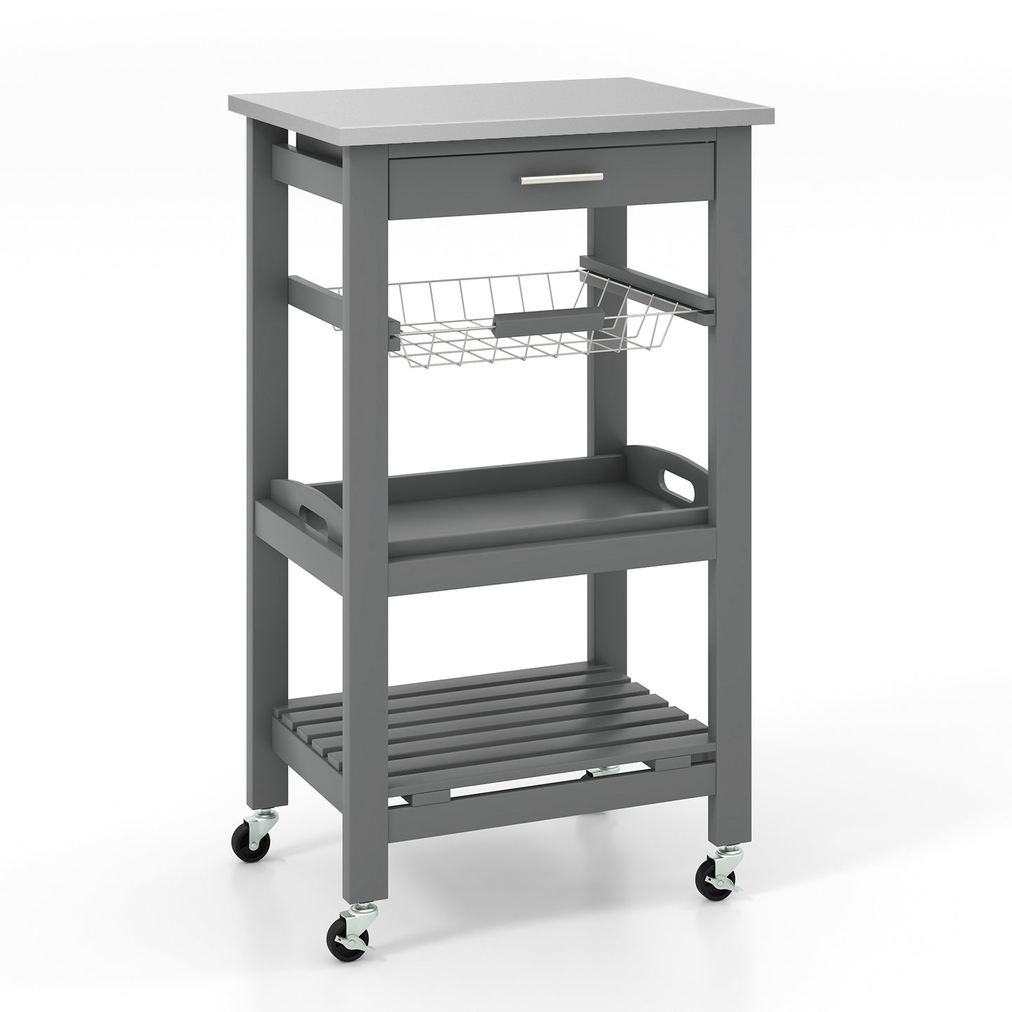 Kitchen Island Cart with Stainless Steel Top, Pull-Out Basket, and Storage Shelves - Grey