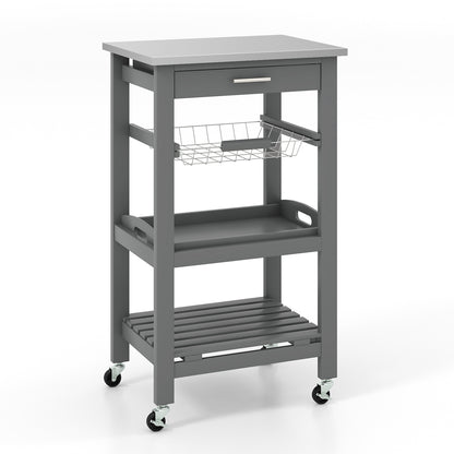 Kitchen Island Cart with Stainless Steel Top, Pull-Out Basket, and Storage Shelves - Grey