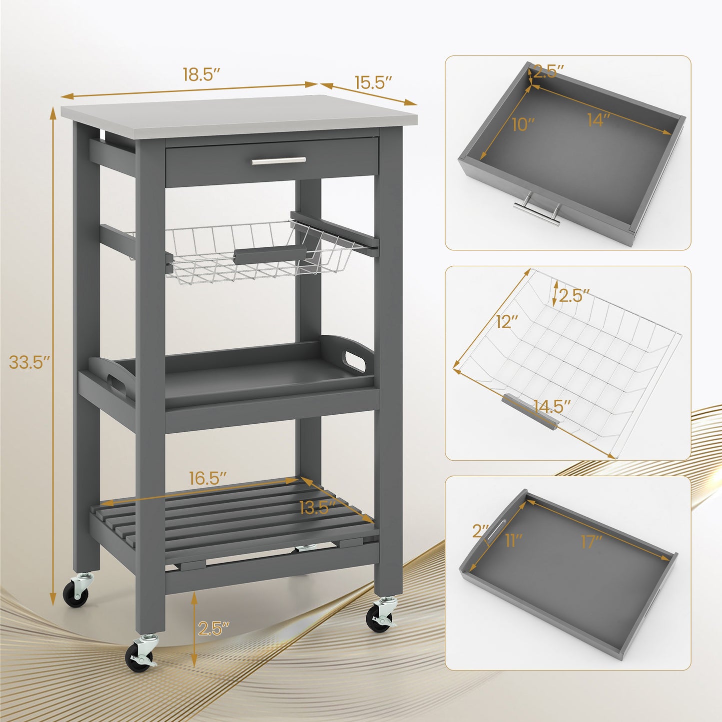 Kitchen Island Cart with Stainless Steel Top, Pull-Out Basket, and Storage Shelves - Grey