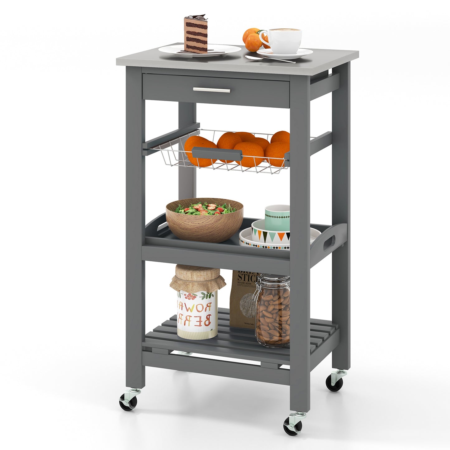 Kitchen Island Cart with Stainless Steel Top, Pull-Out Basket, and Storage Shelves - Grey