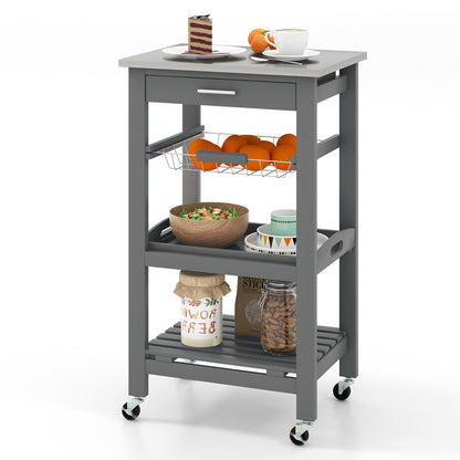 Kitchen Island Cart with Stainless Steel Top, Pull-Out Basket, and Storage Shelves - Grey