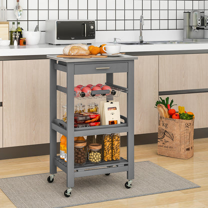 Kitchen Island Cart with Stainless Steel Top, Pull-Out Basket, and Storage Shelves - Grey