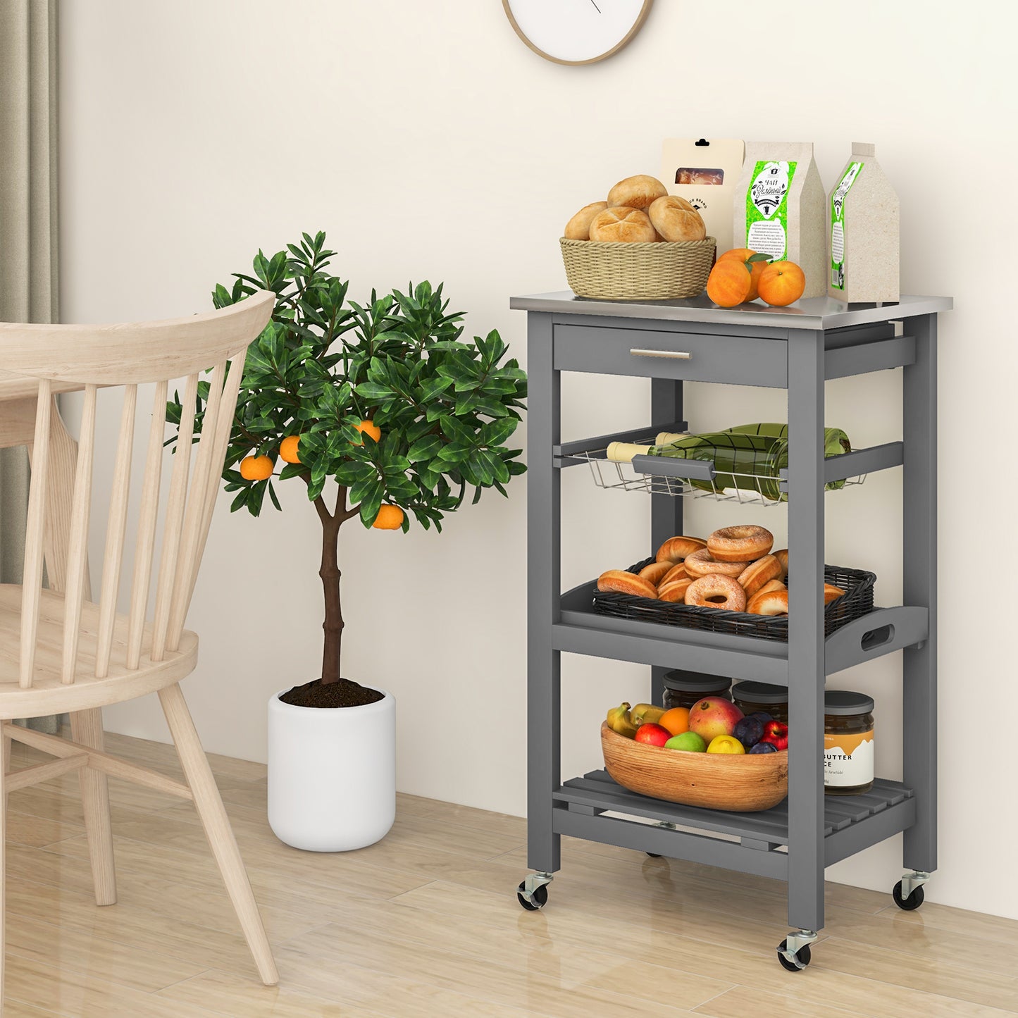 Kitchen Island Cart with Stainless Steel Top, Pull-Out Basket, and Storage Shelves - Grey