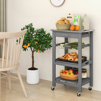 Kitchen Island Cart with Stainless Steel Top, Pull-Out Basket, and Storage Shelves - Grey