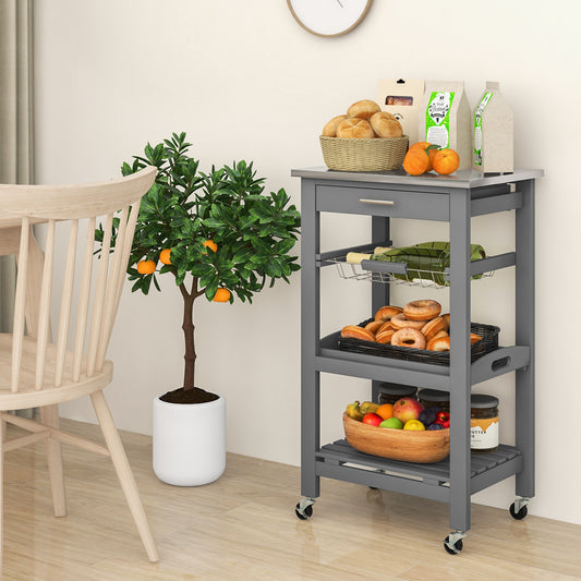 Kitchen Island Cart with Stainless Steel Top, Pull-Out Basket, and Storage Shelves - Grey