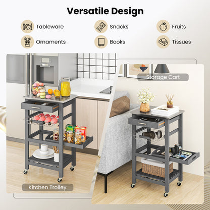 Kitchen Island Cart with Stainless Steel Top, Pull-Out Basket, and Storage Shelves - Grey