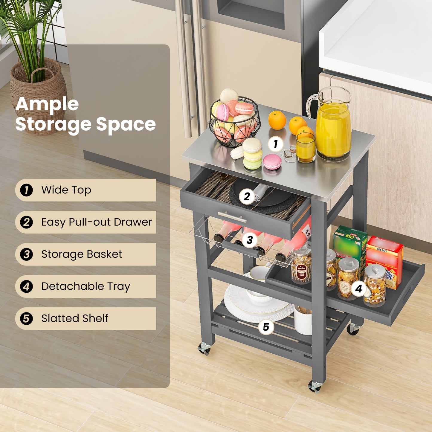 Kitchen Island Cart with Stainless Steel Top, Pull-Out Basket, and Storage Shelves - Grey