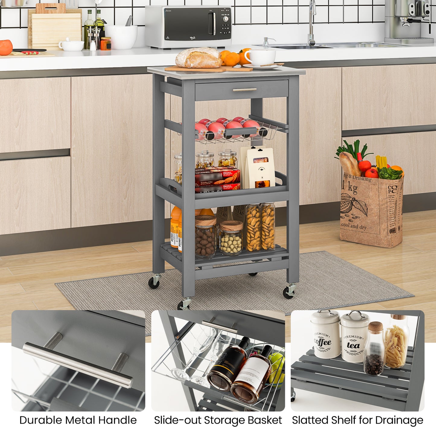 Kitchen Island Cart with Stainless Steel Top, Pull-Out Basket, and Storage Shelves - Grey