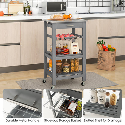 Kitchen Island Cart with Stainless Steel Top, Pull-Out Basket, and Storage Shelves - Grey