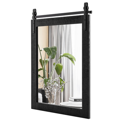 30 x 22 Inch Rustic Wall-Mounted Mirror with Solid Wood Frame and Metal Bracket - Black