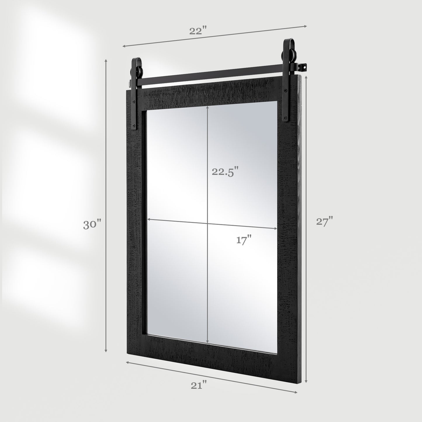 30 x 22 Inch Rustic Wall-Mounted Mirror with Solid Wood Frame and Metal Bracket - Black
