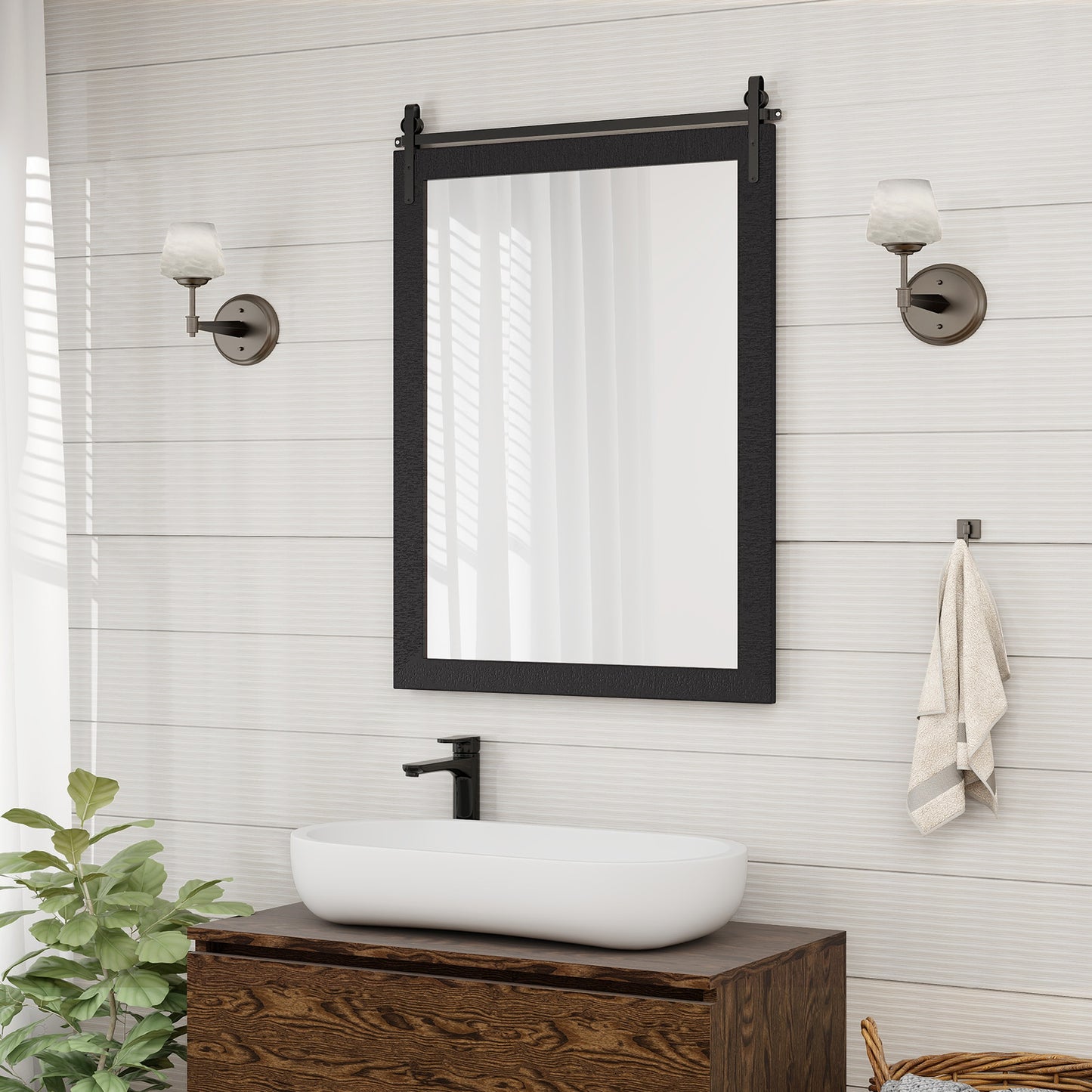 30 x 22 Inch Rustic Wall-Mounted Mirror with Solid Wood Frame and Metal Bracket - Black