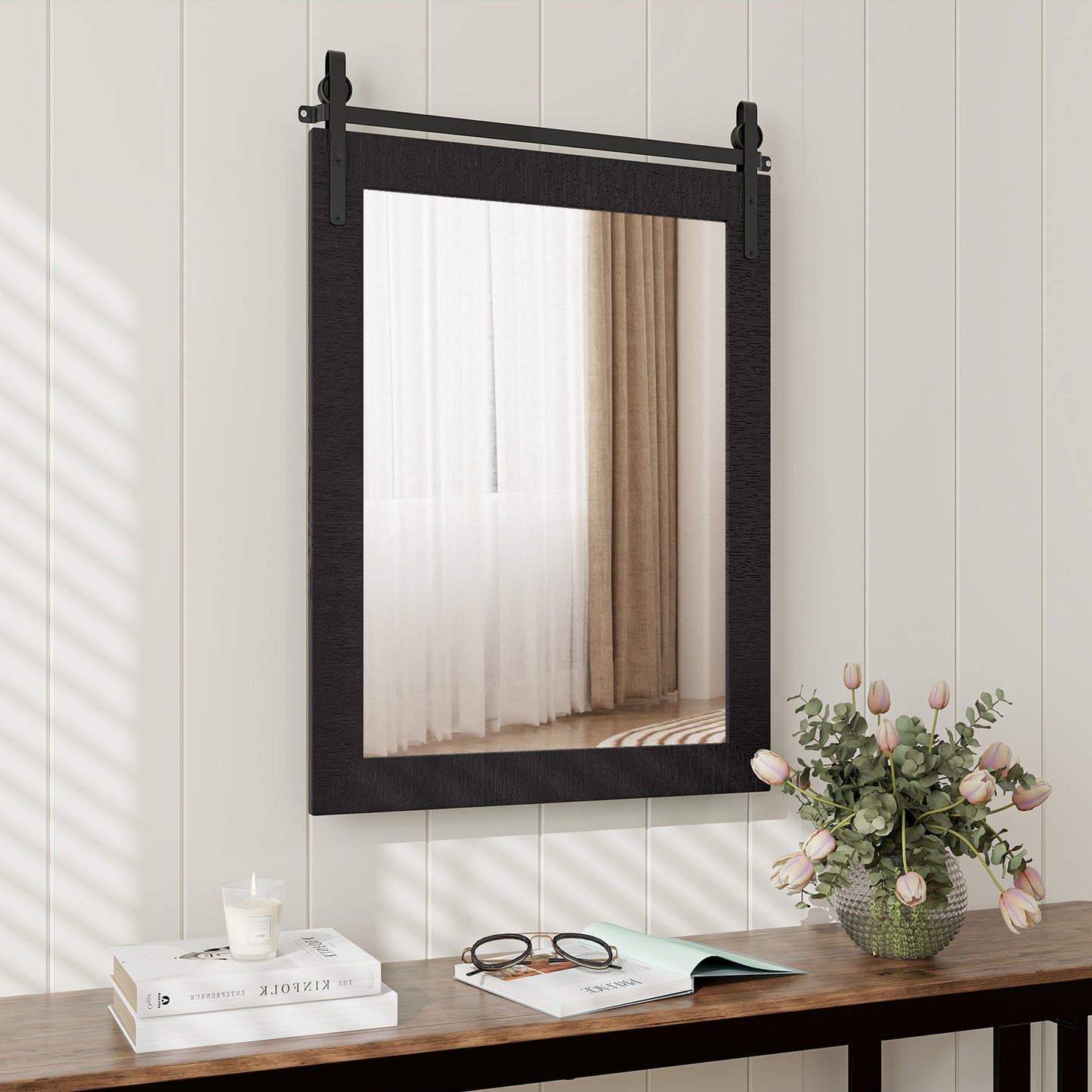 30 x 22 Inch Rustic Wall-Mounted Mirror with Solid Wood Frame and Metal Bracket - Black
