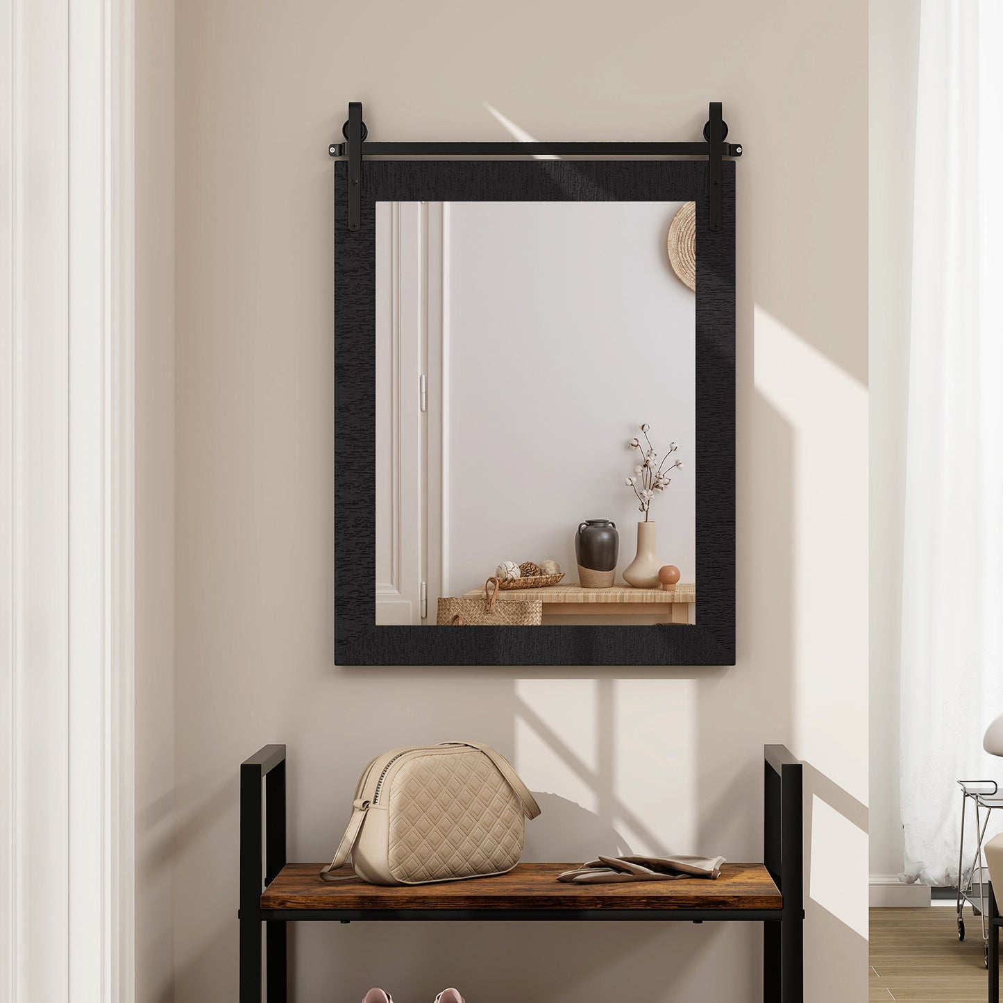 30 x 22 Inch Rustic Wall-Mounted Mirror with Solid Wood Frame and Metal Bracket - Black