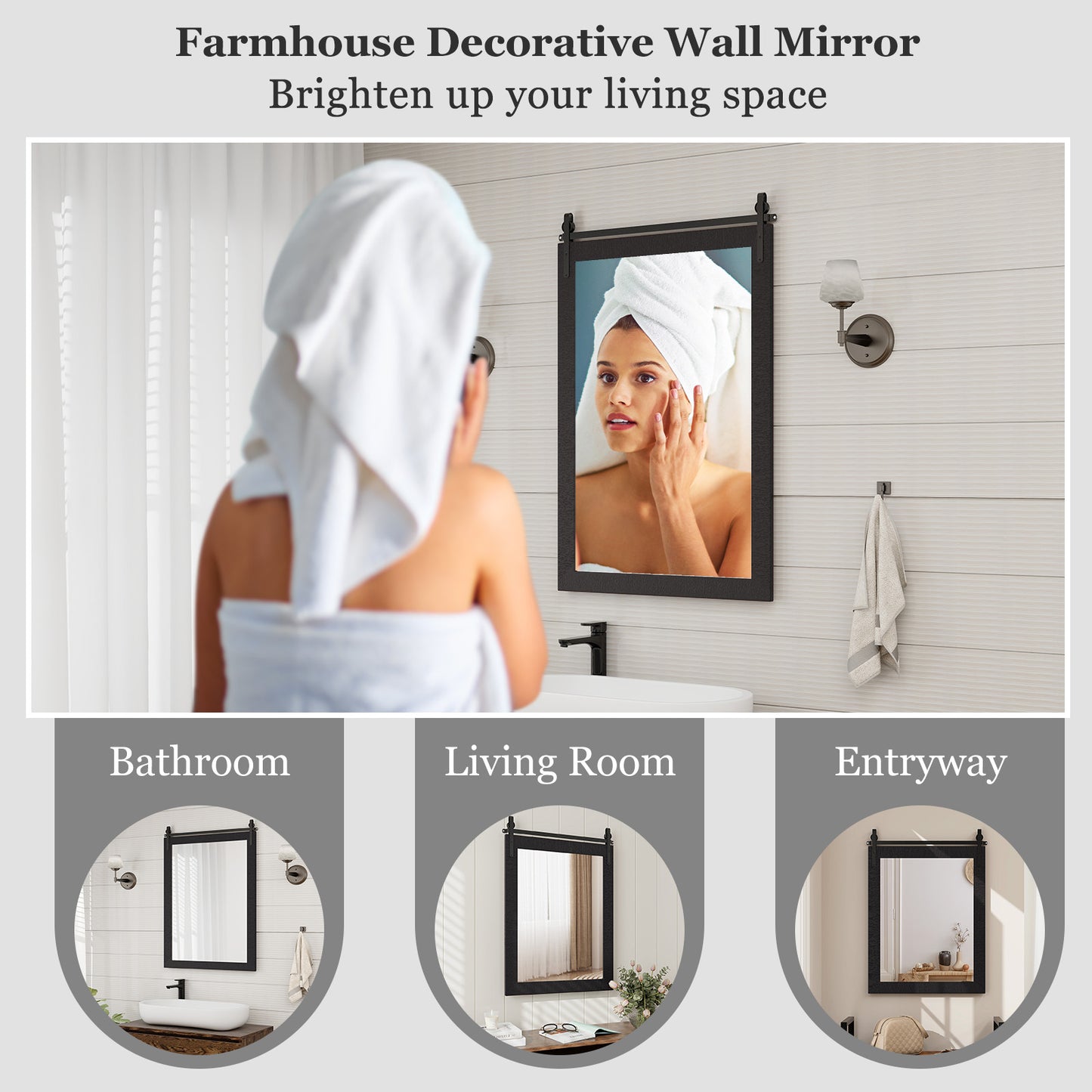 30 x 22 Inch Rustic Wall-Mounted Mirror with Solid Wood Frame and Metal Bracket - Black