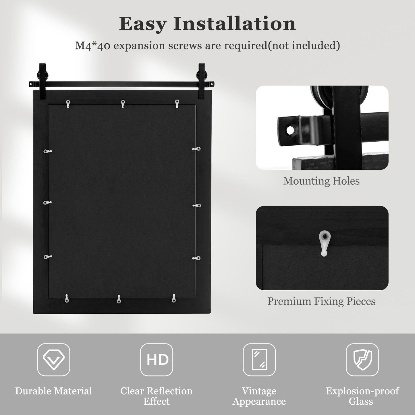 30 x 22 Inch Rustic Wall-Mounted Mirror with Solid Wood Frame and Metal Bracket - Black