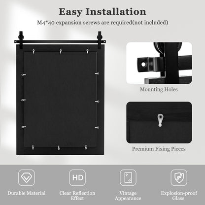 30 x 22 Inch Rustic Wall-Mounted Mirror with Solid Wood Frame and Metal Bracket - Black
