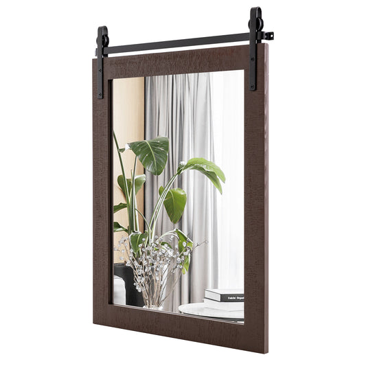 30 x 22 Inch Rustic Wall-Mounted Mirror with Solid Wood Frame and Metal Bracket - Walnut
