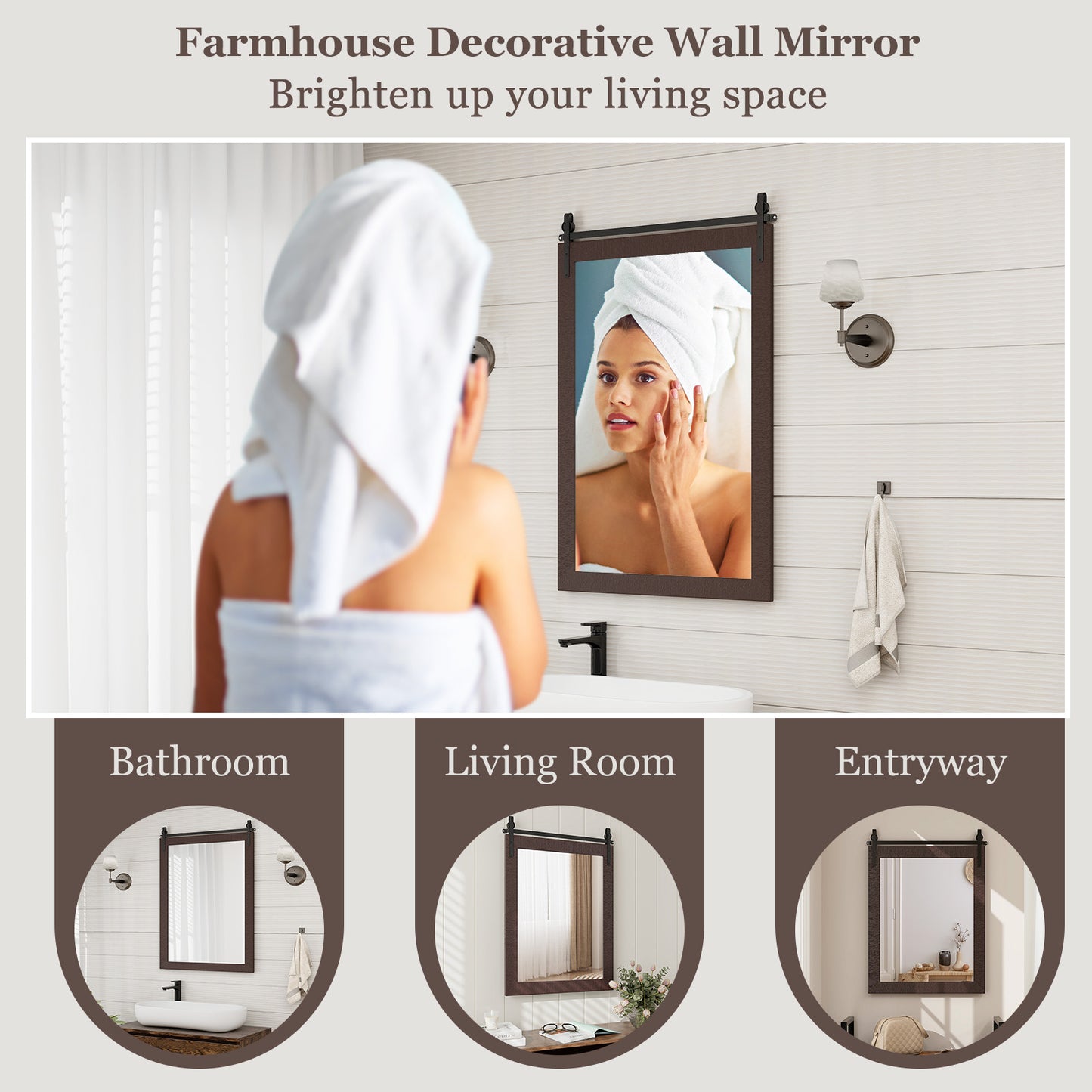 30 x 22 Inch Rustic Wall-Mounted Mirror with Solid Wood Frame and Metal Bracket - Walnut