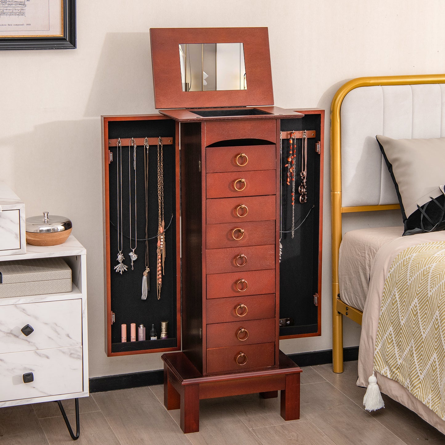 Large Jewelry Organizer Cabinet with 9 Drawers, Side Shelves and Flip-Top Vanity Mirror