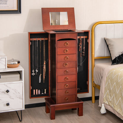 Large Jewelry Organizer Cabinet with 9 Drawers, Side Shelves and Flip-Top Vanity Mirror