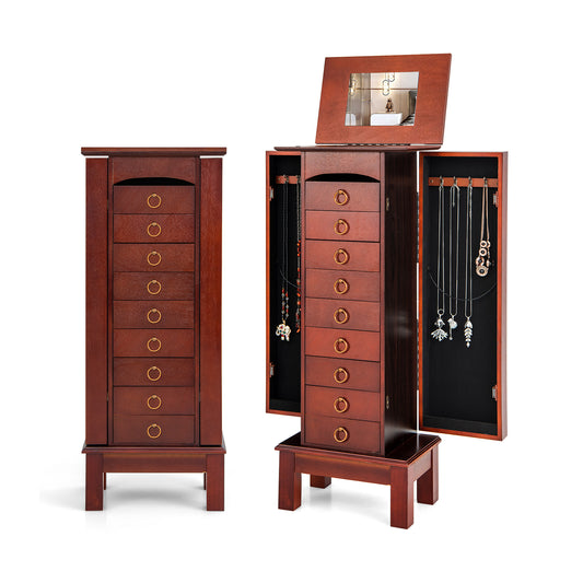 Large Jewelry Organizer Cabinet with 9 Drawers, Side Shelves and Flip-Top Vanity Mirror