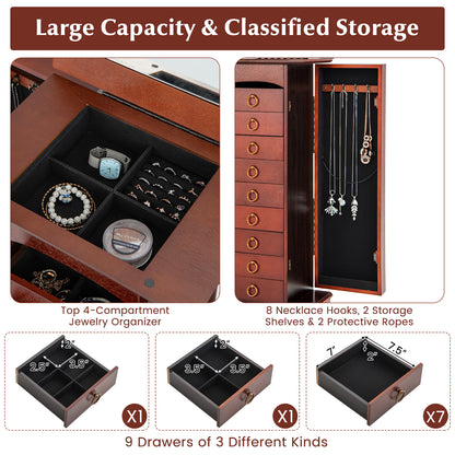 Large Jewelry Organizer Cabinet with 9 Drawers, Side Shelves and Flip-Top Vanity Mirror