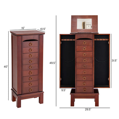 Large Jewelry Organizer Cabinet with 9 Drawers, Side Shelves and Flip-Top Vanity Mirror