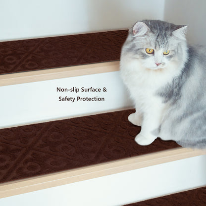15 Pcs Non Slip Stair Rugs for Safe Comfortable Mats on Wooden Steps - Brown