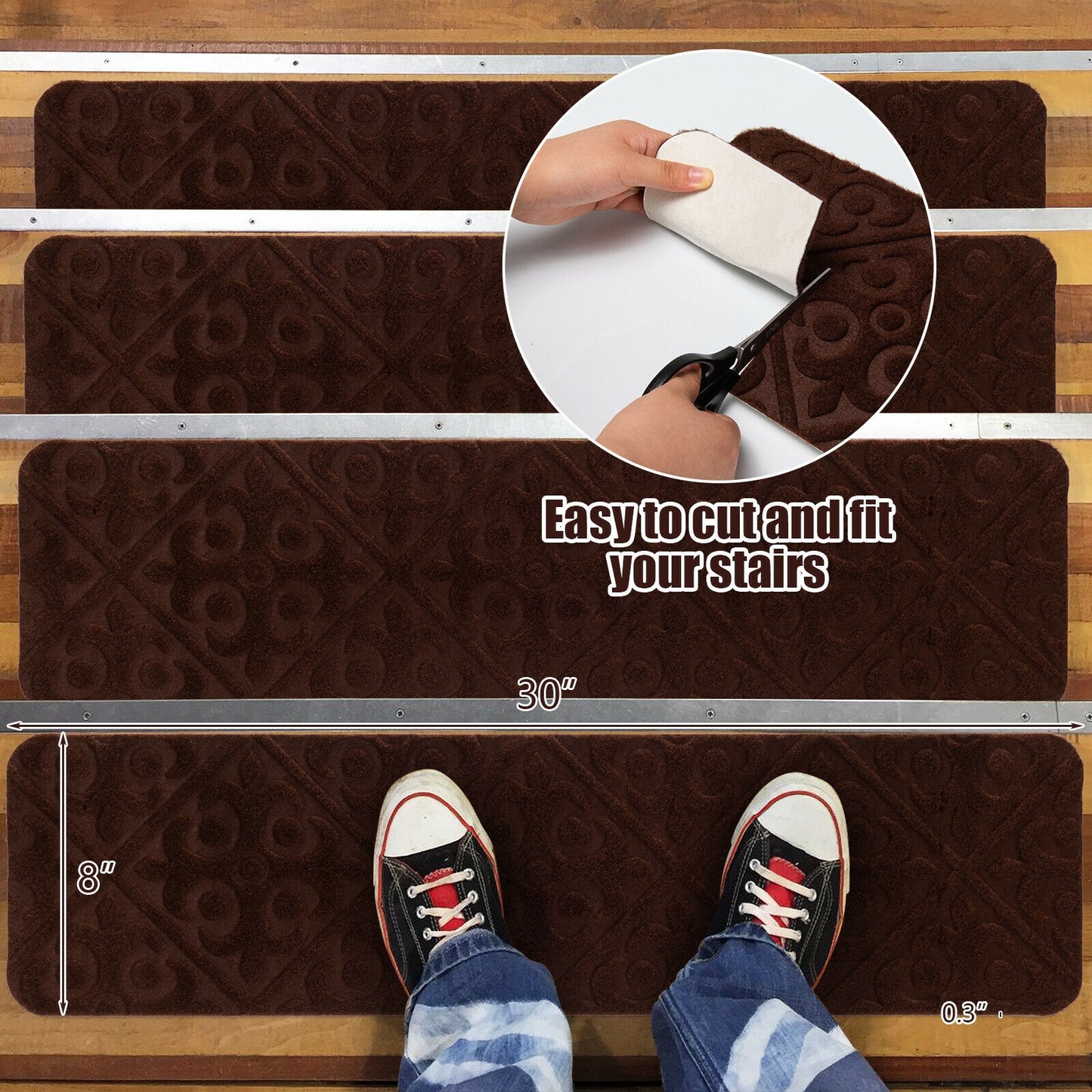 15 Pcs Non Slip Stair Rugs for Safe Comfortable Mats on Wooden Steps - Brown