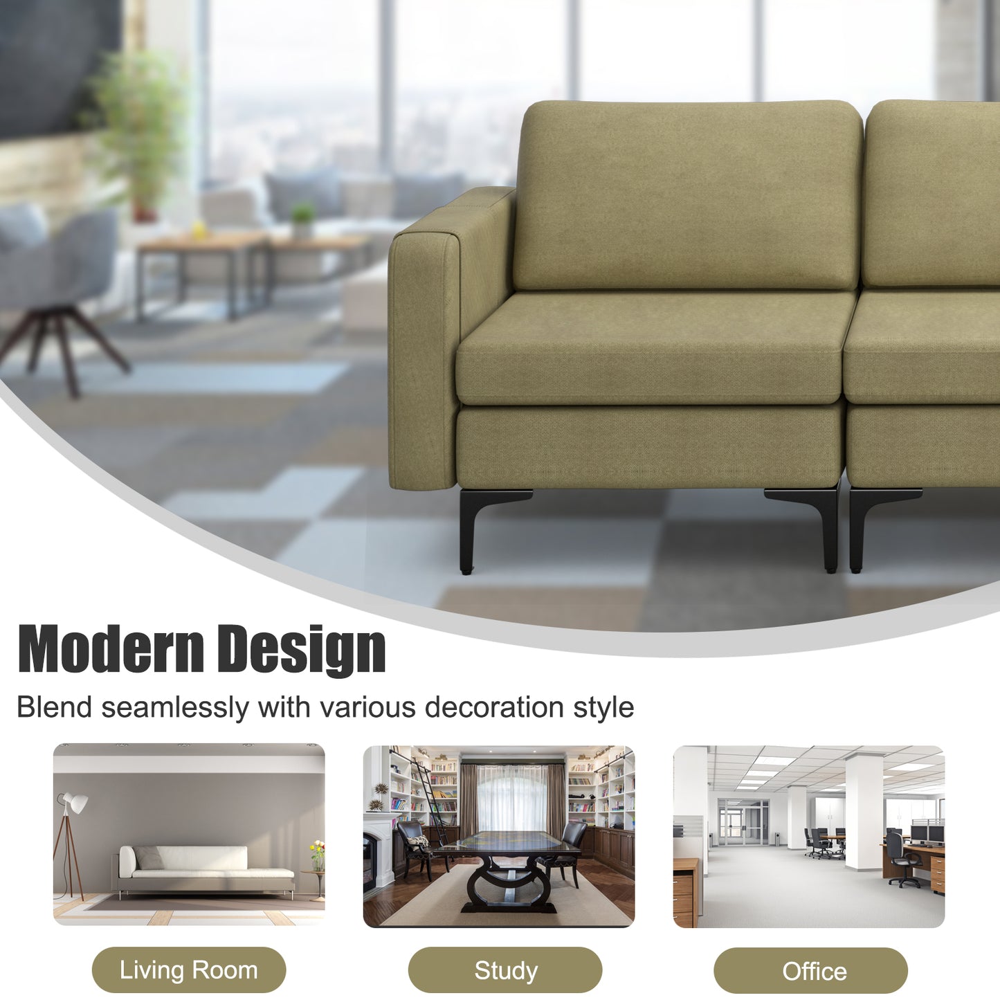 3 Seat Convertible Sofa with Built-in USB Ports and Side Pockets for Storage - Green