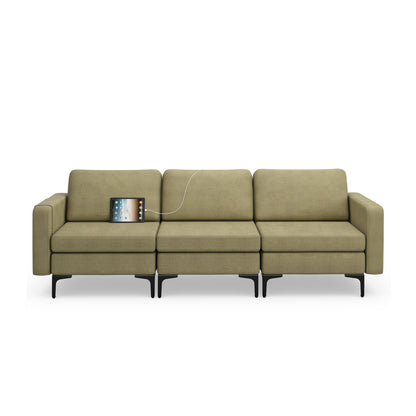 3 Seat Convertible Sofa with Built-in USB Ports and Side Pockets for Storage - Green