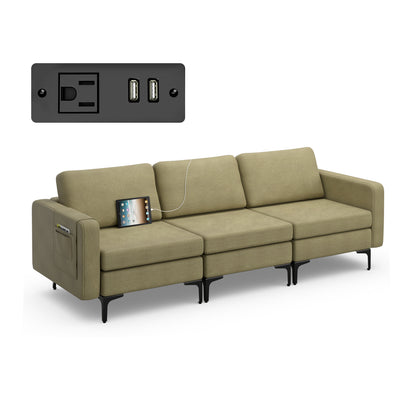 3 Seat Convertible Sofa with Built-in USB Ports and Side Pockets for Storage - Green