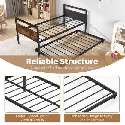 Twin Metal Daybed with Trundle, Lockable Casters and Wood Headboard