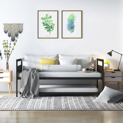 Twin Metal Daybed with Trundle, Lockable Casters and Wood Headboard