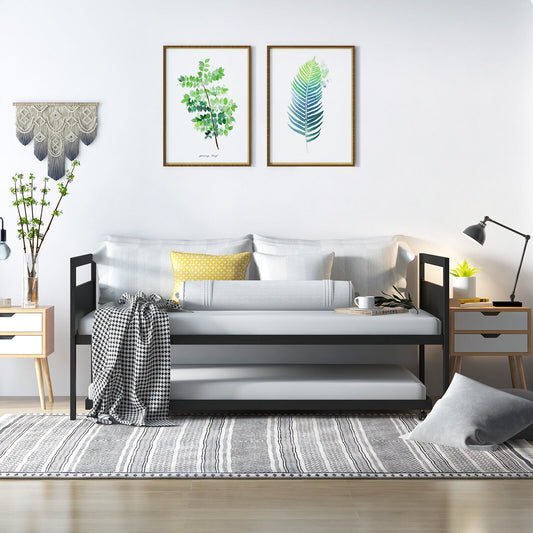 Twin Metal Daybed with Trundle, Lockable Casters and Wood Headboard