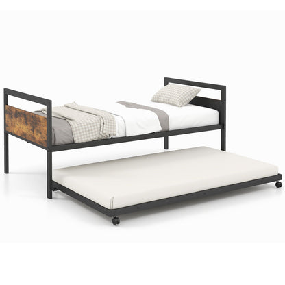 Twin Metal Daybed with Trundle, Lockable Casters and Wood Headboard