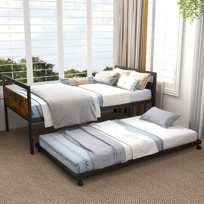 Twin Metal Daybed with Trundle, Lockable Casters and Wood Headboard